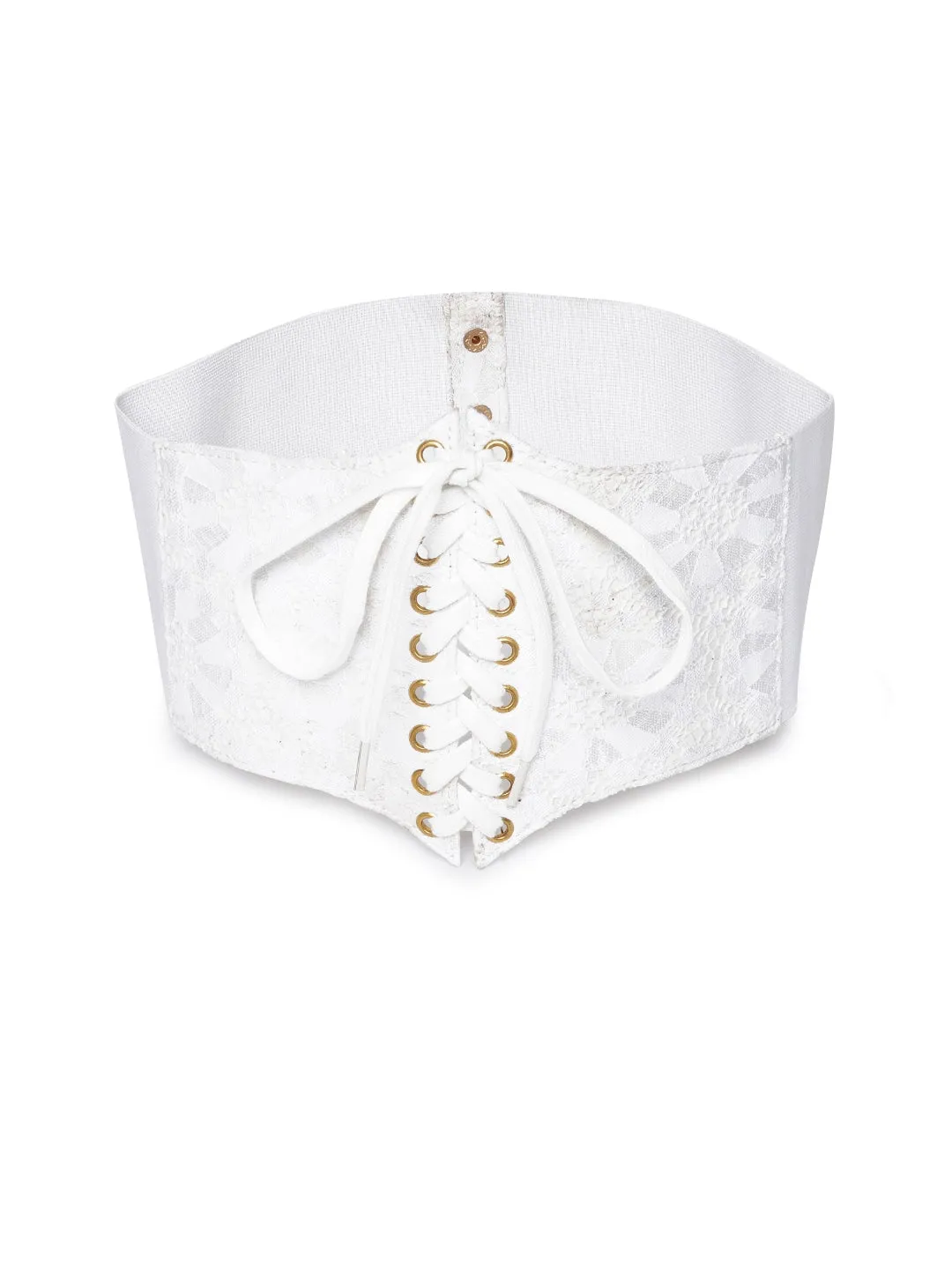 Berrylush Women Solid White Front Tie-Up Synthetic Leather Embellished Wide Belt