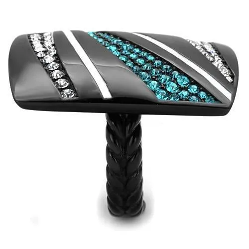 IP Black(Ion Plating) Stainless Steel Ring with Top Grade Crystal in Blue Zircon for Women Style TK1736