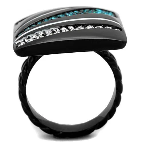 IP Black(Ion Plating) Stainless Steel Ring with Top Grade Crystal in Blue Zircon for Women Style TK1736