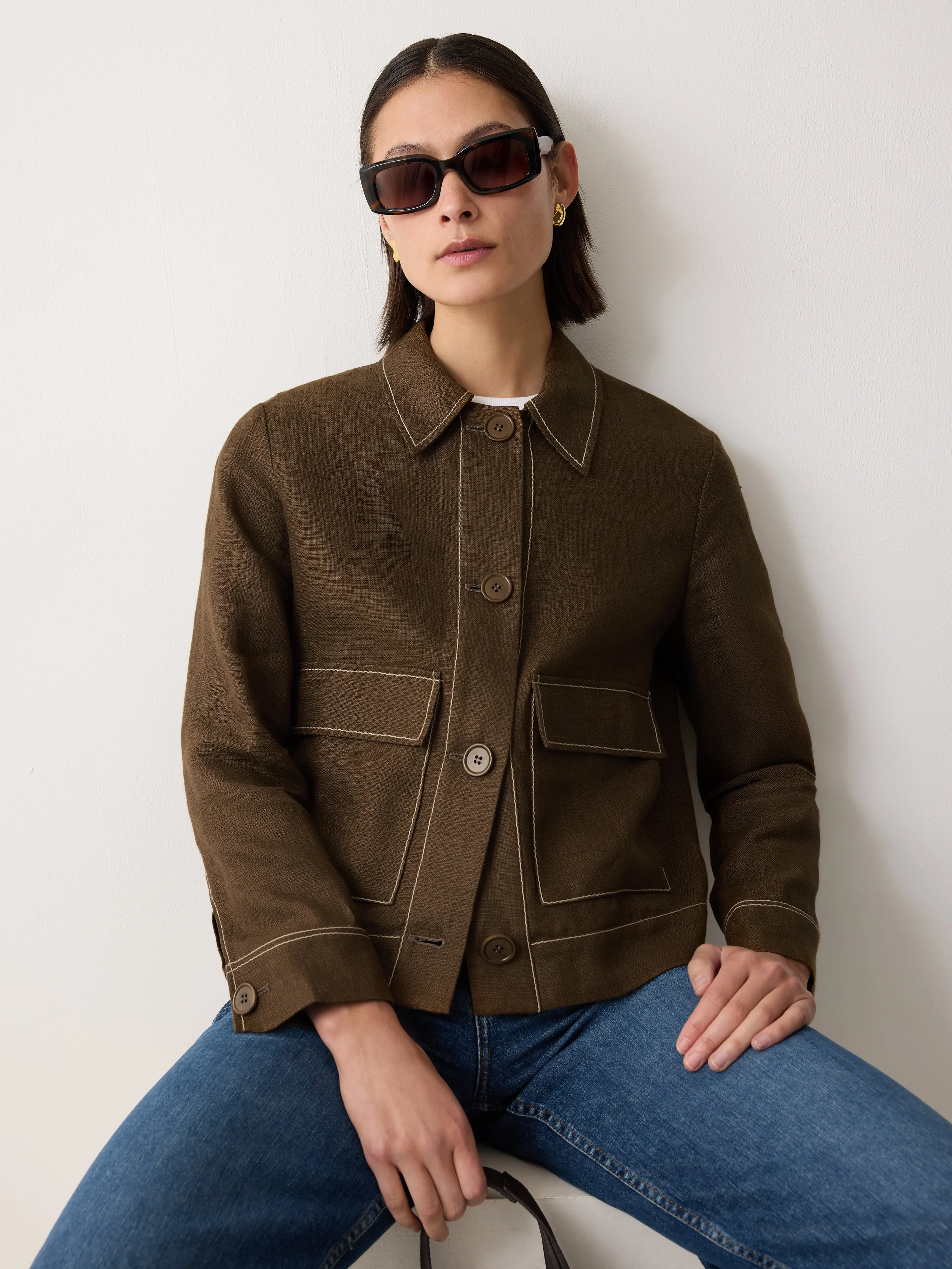 Linen Cropped Utility Jacket | Brown