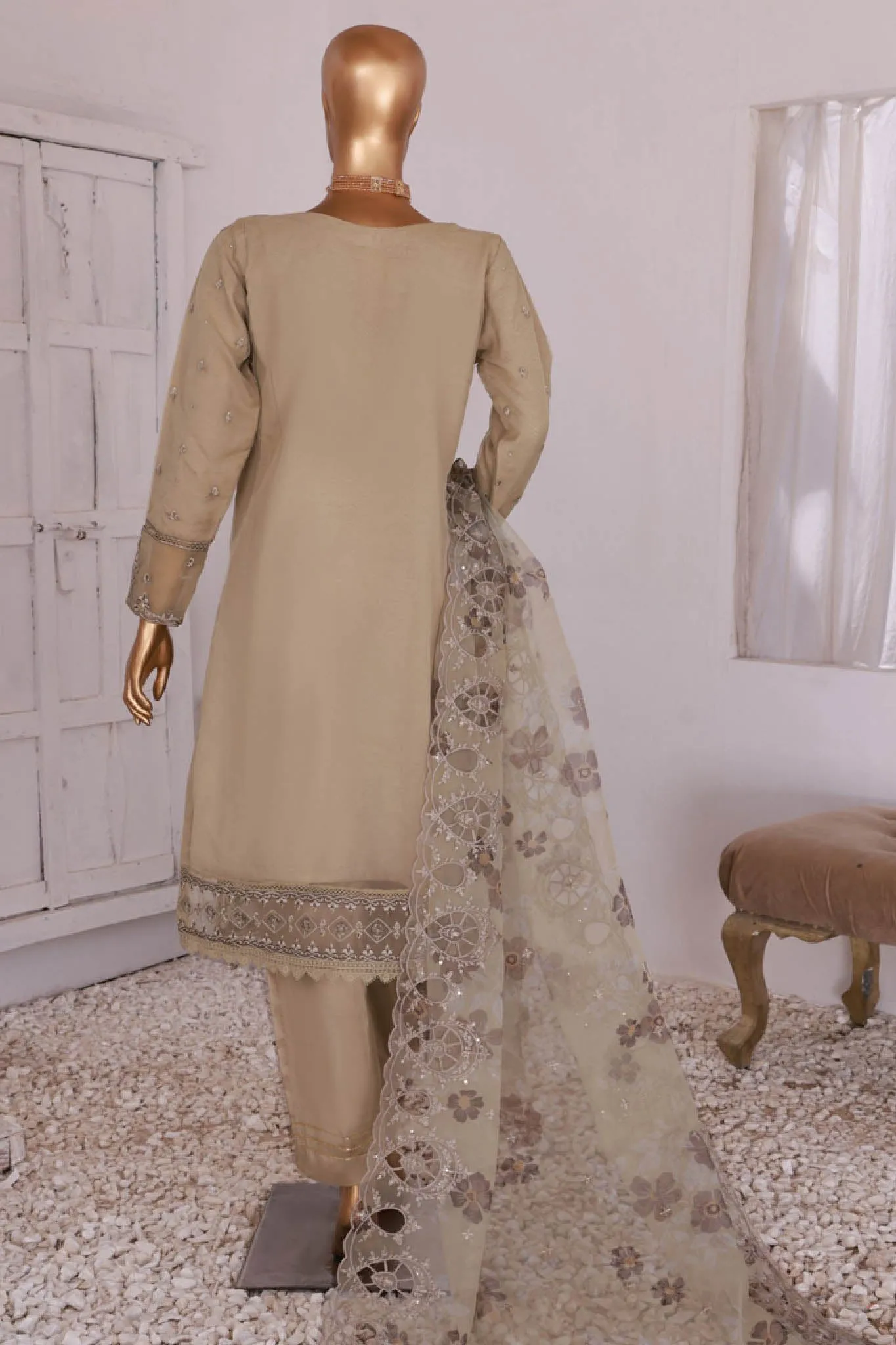 Luxe Pret By HZ Stitched 3 Piece Emb Organza Formals Collection'2024-HZK-161-Beige
