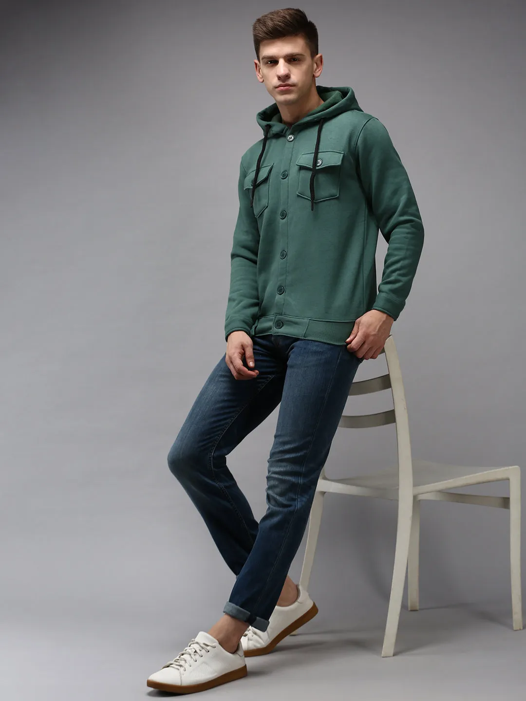 Men Green Hooded Cotton Sweatshirt