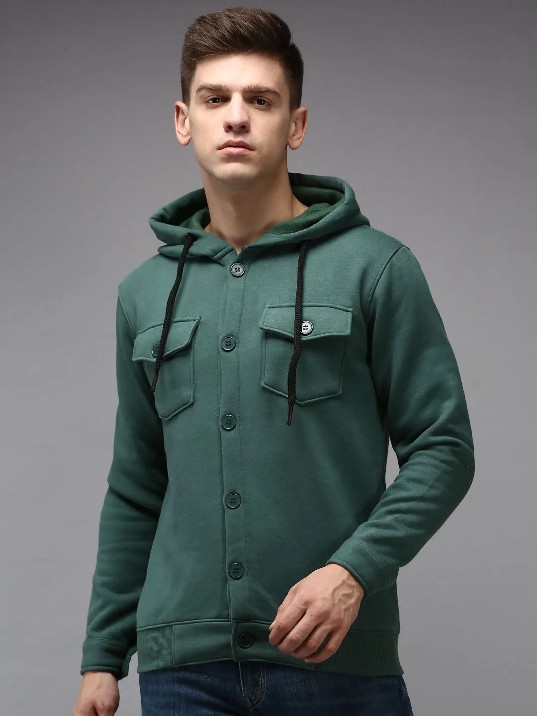 Men Green Hooded Cotton Sweatshirt