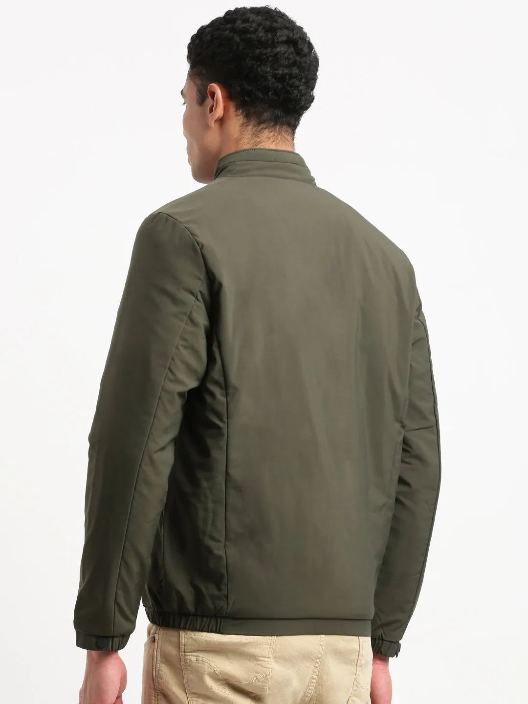 Men Mock Collar Solid Olive Casual Bomber Jacket
