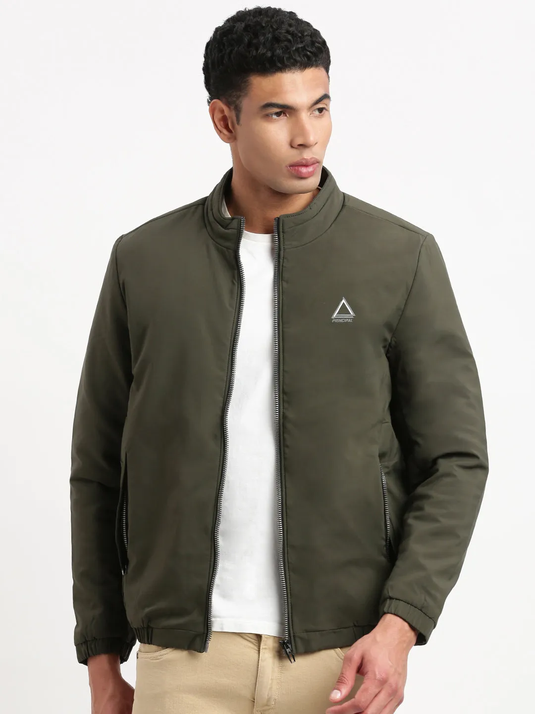 Men Mock Collar Solid Olive Casual Bomber Jacket
