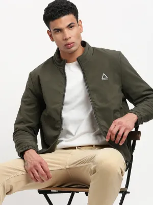 Men Mock Collar Solid Olive Casual Bomber Jacket