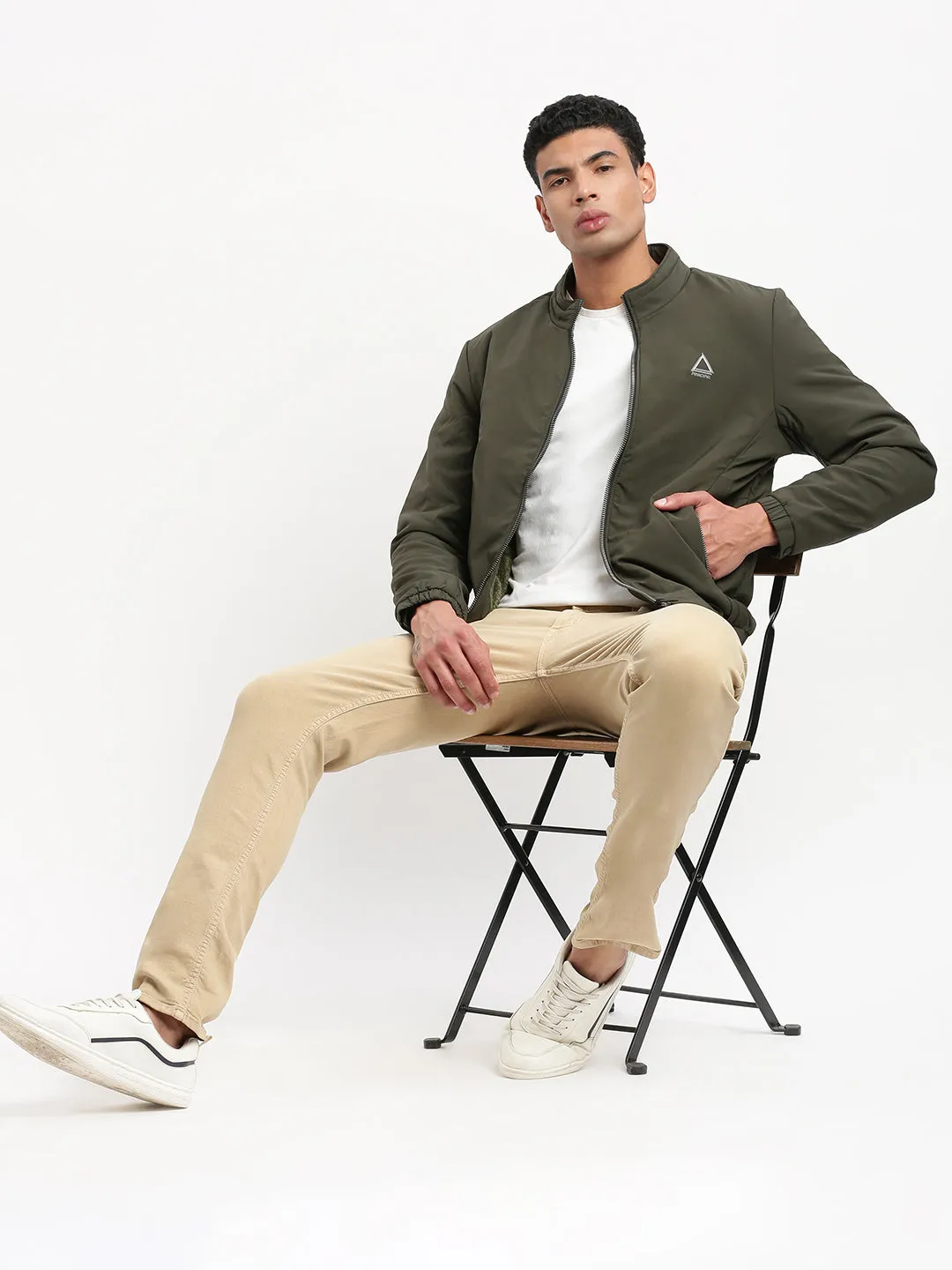 Men Mock Collar Solid Olive Casual Bomber Jacket