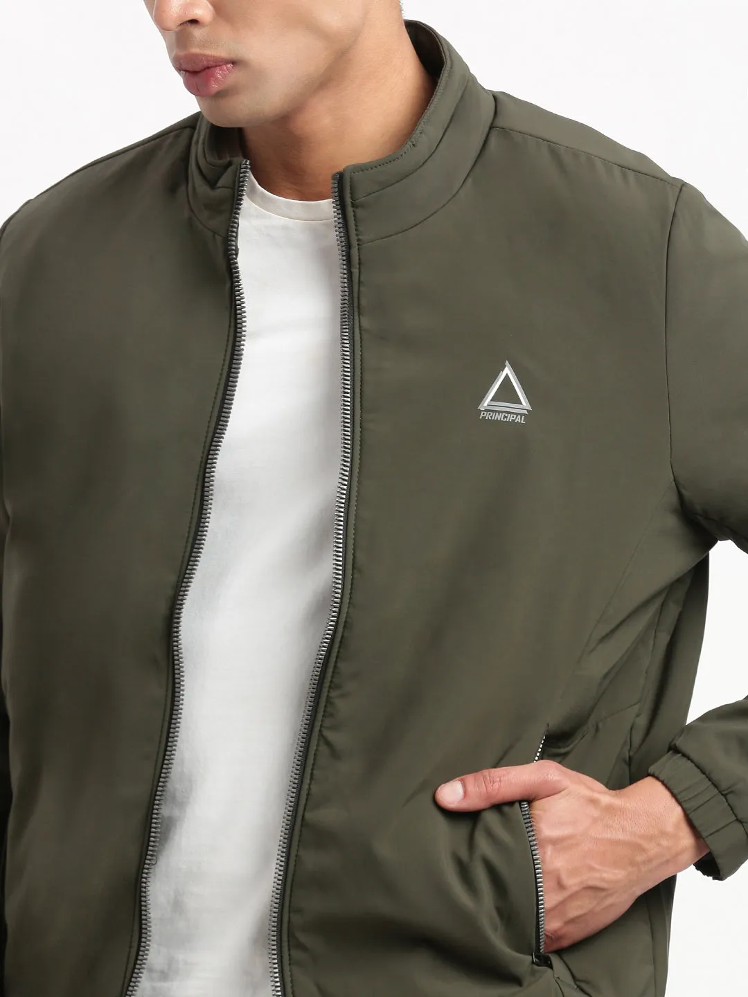 Men Mock Collar Solid Olive Casual Bomber Jacket