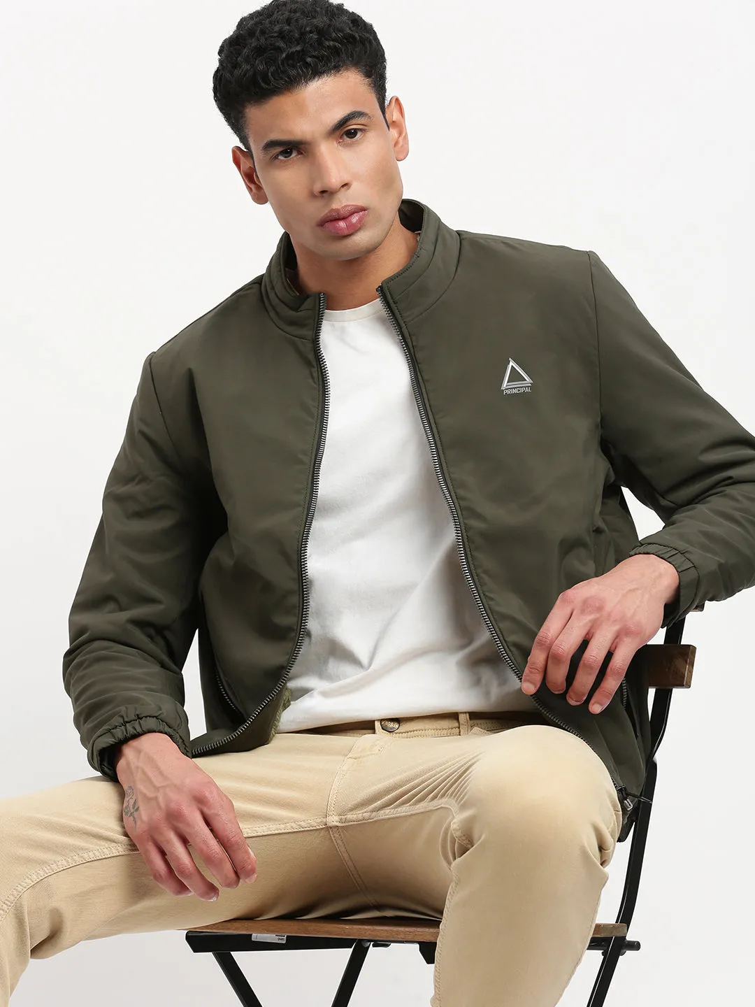 Men Mock Collar Solid Olive Casual Bomber Jacket