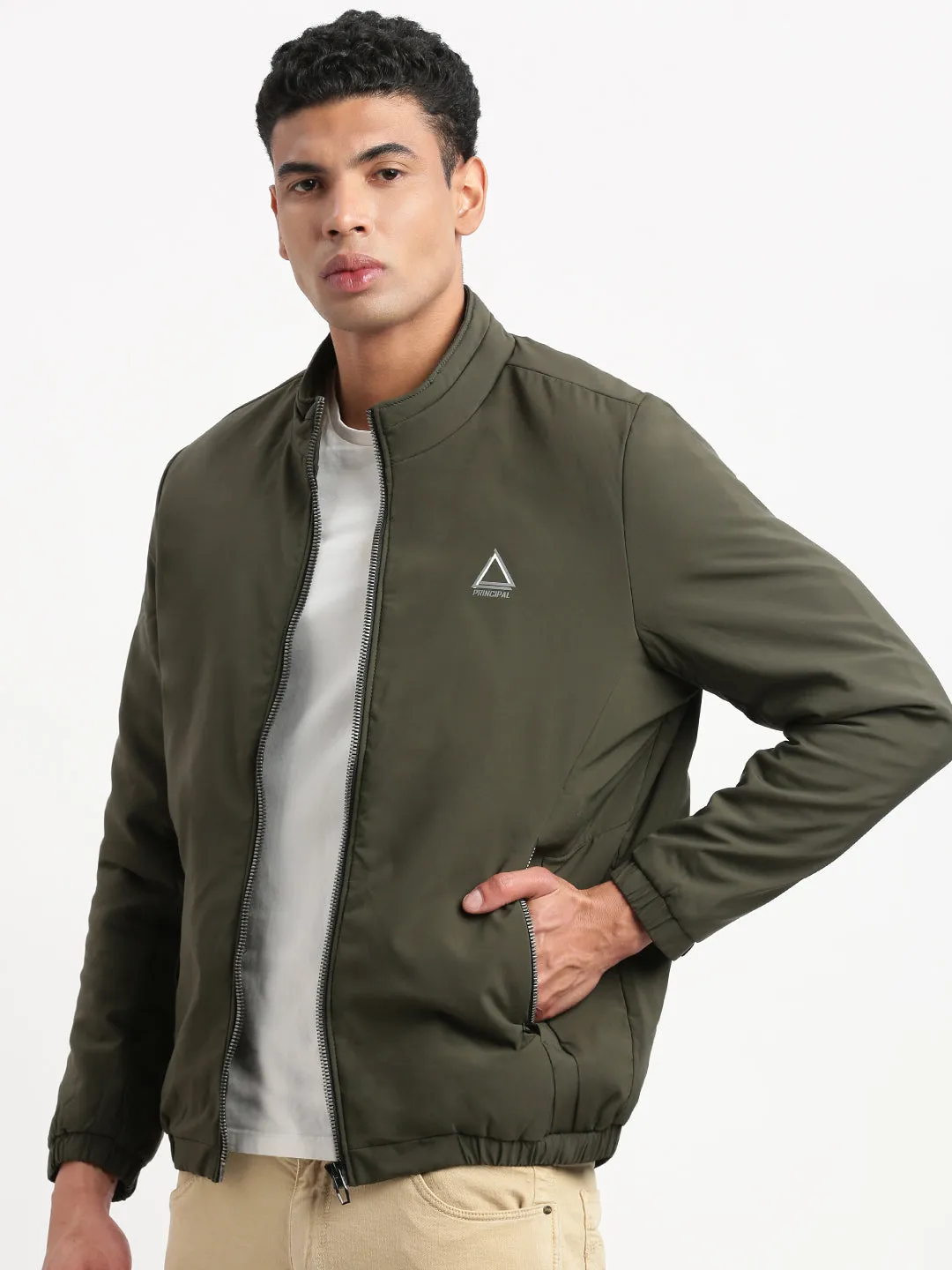 Men Mock Collar Solid Olive Casual Bomber Jacket