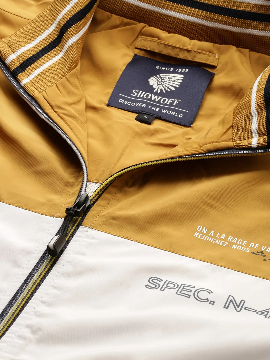 Men Mustard Colour blocked Mock Collar Bomber Jacket