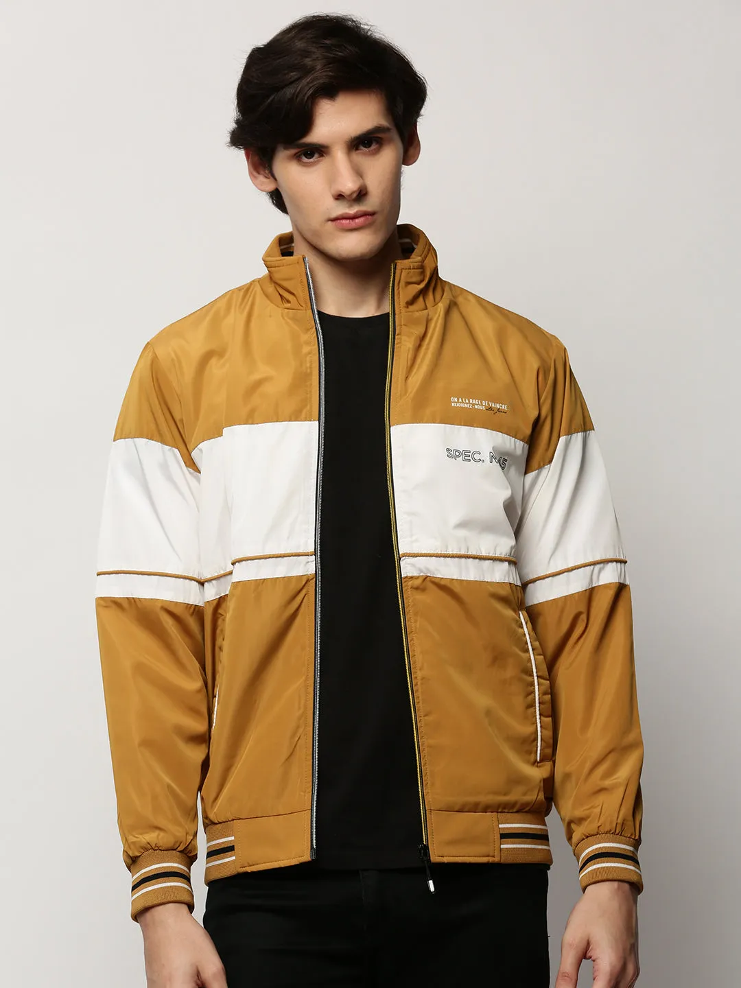 Men Mustard Colour blocked Mock Collar Bomber Jacket