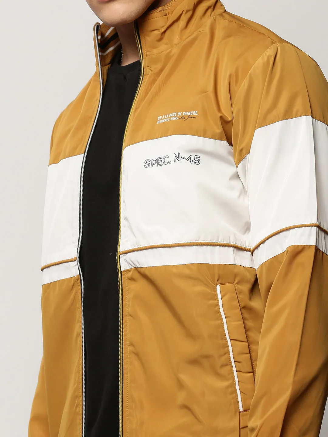 Men Mustard Colour blocked Mock Collar Bomber Jacket