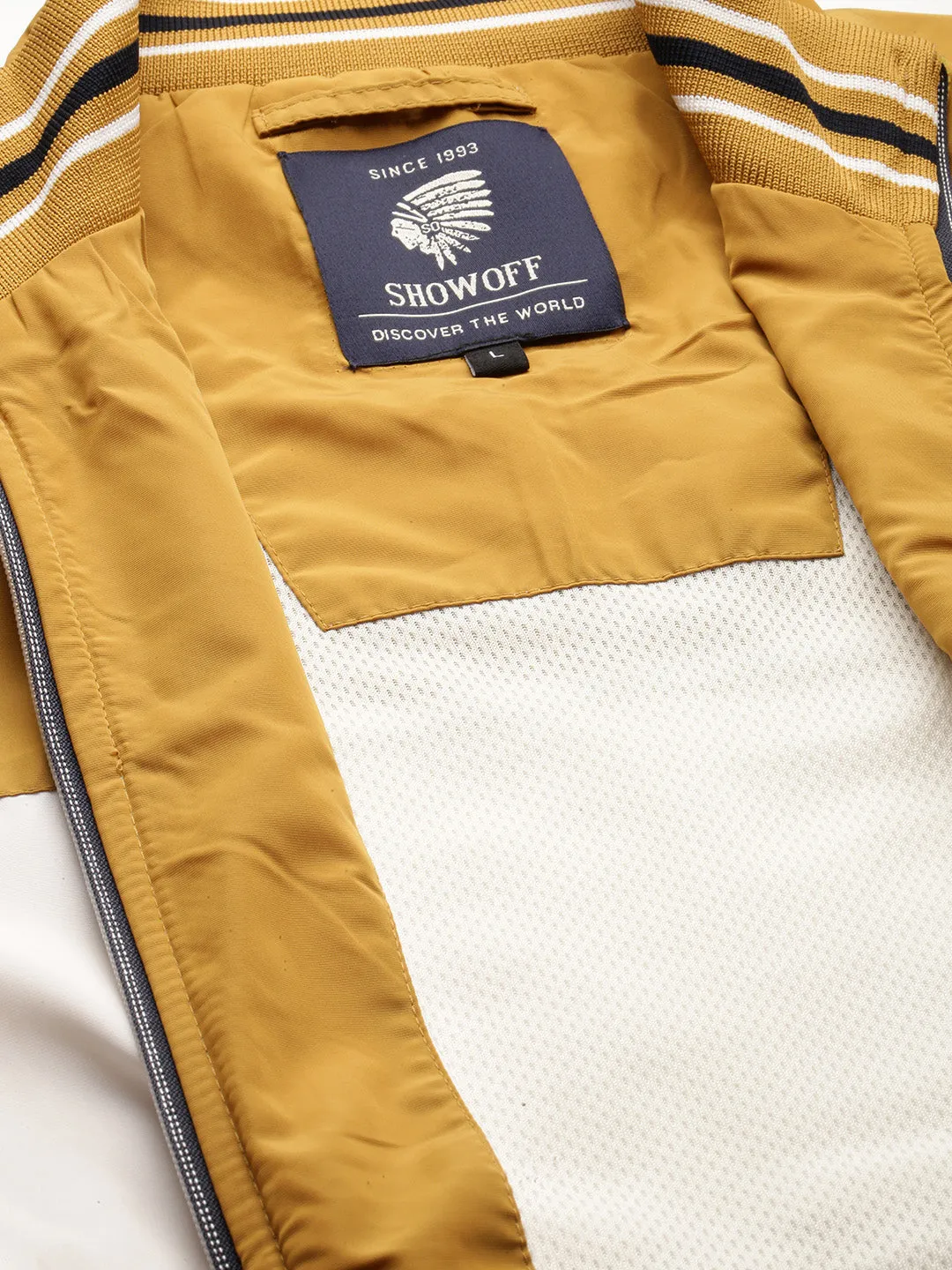 Men Mustard Colour blocked Mock Collar Bomber Jacket