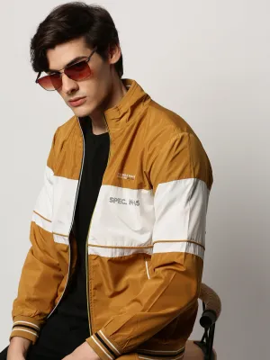 Men Mustard Colour blocked Mock Collar Bomber Jacket