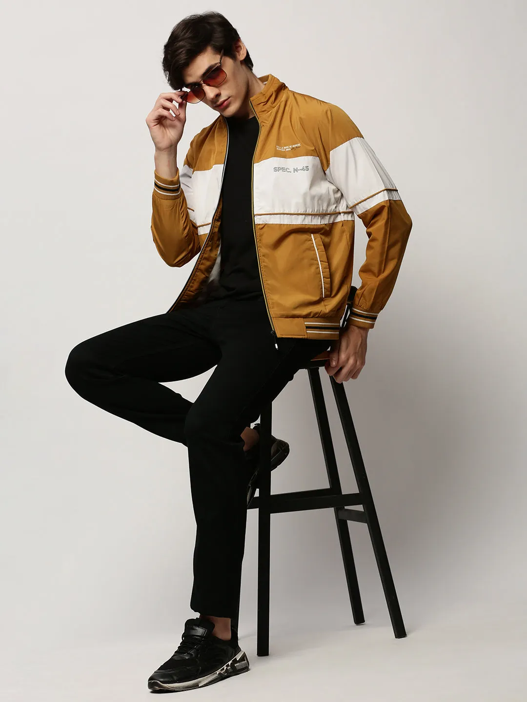 Men Mustard Colour blocked Mock Collar Bomber Jacket