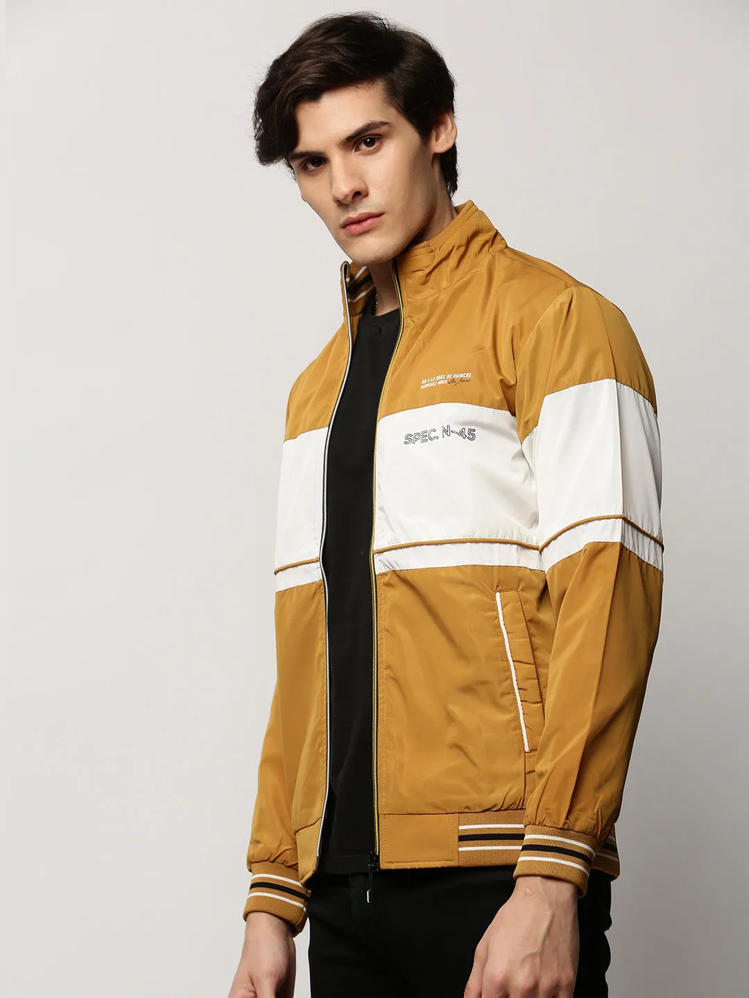 Men Mustard Colour blocked Mock Collar Bomber Jacket