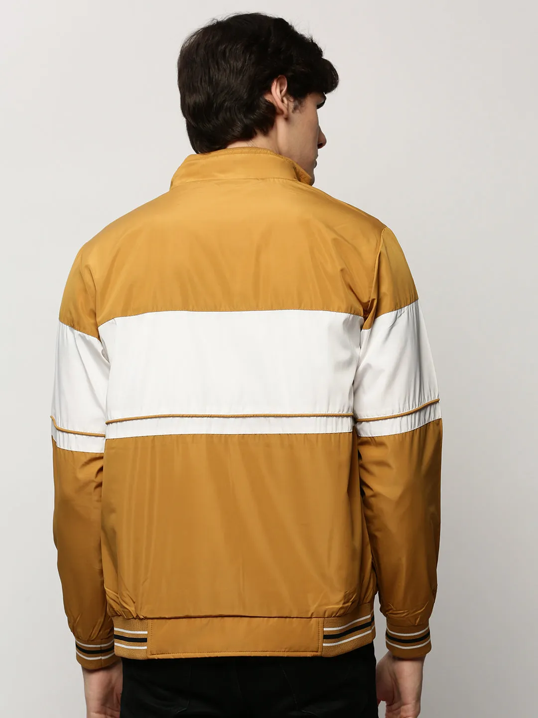 Men Mustard Colour blocked Mock Collar Bomber Jacket