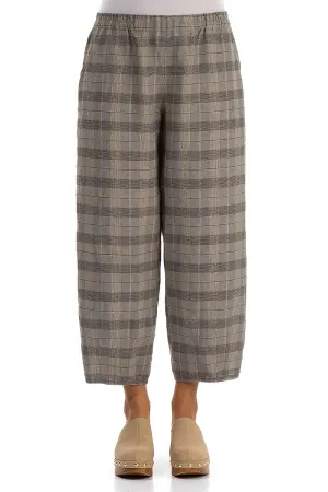 Tapered Greige Check Linen Trousers